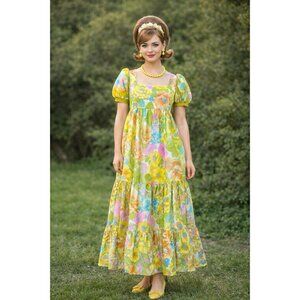 Vintage 1960s Womens Maxi Dress Sz Small Medium Boho Floral Puff Sleeve Tiered